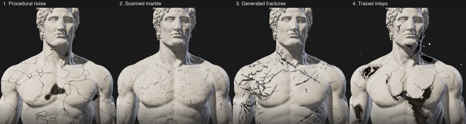 Four iterations of the crack material: procedural noise, scanned marble, generated fractures and traced inlays