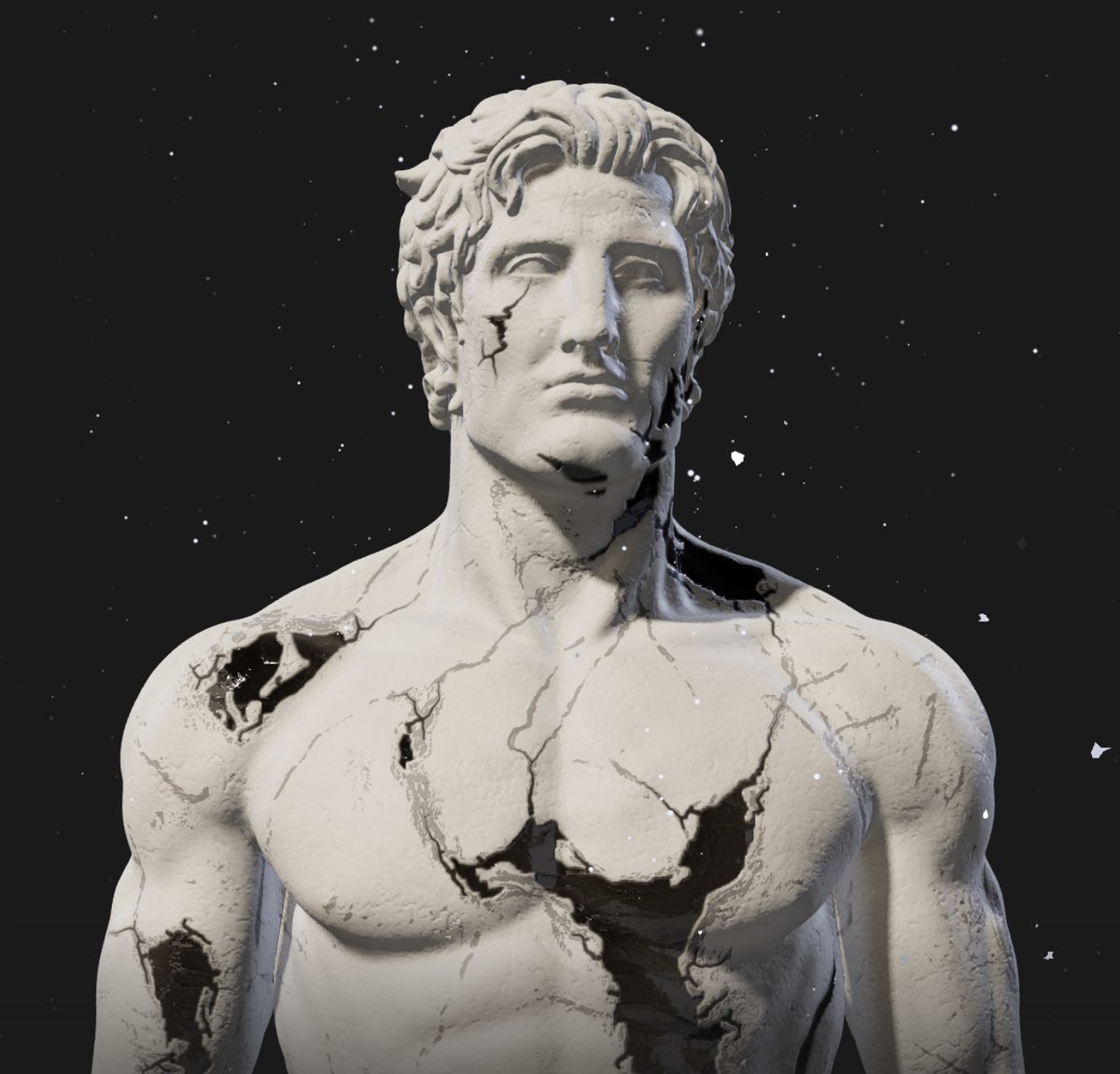 The finished statue: white marble with glossy black inlays and ash rising from the cracks