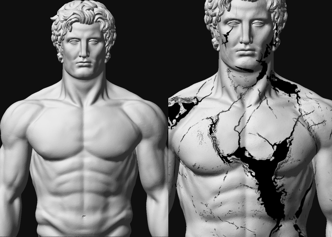 Left: orthographic render of the bare statue. Right: the traced inlay and vein masks aligned to it