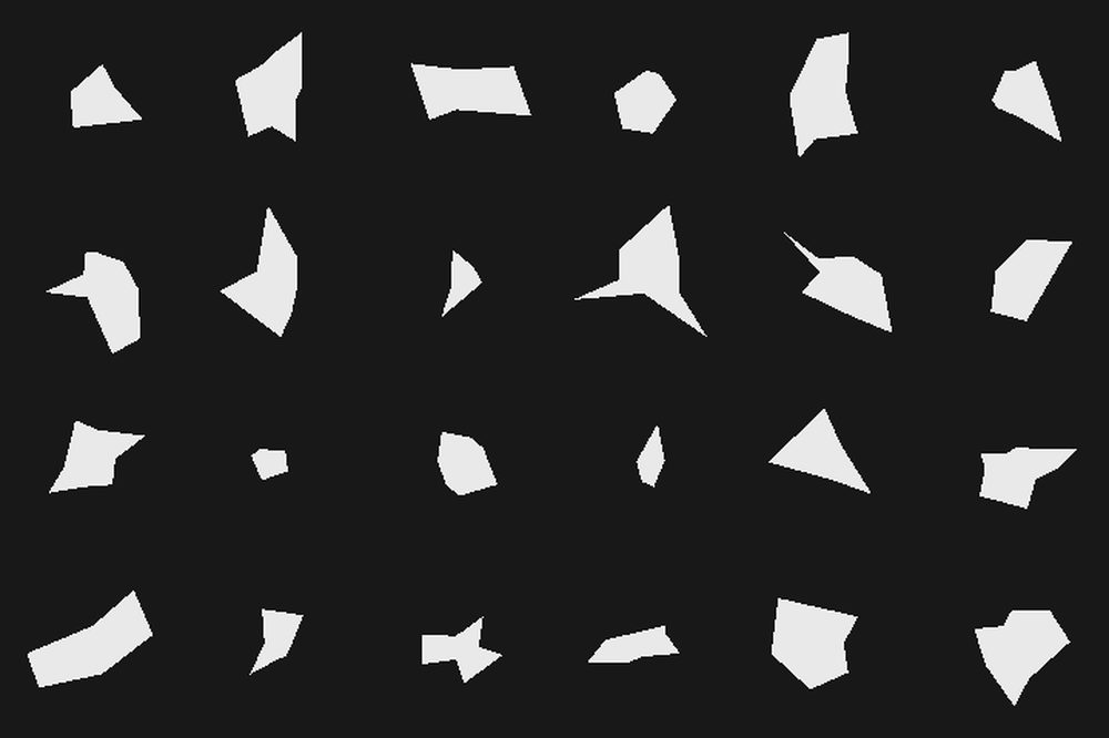 A grid of procedurally generated shard silhouettes